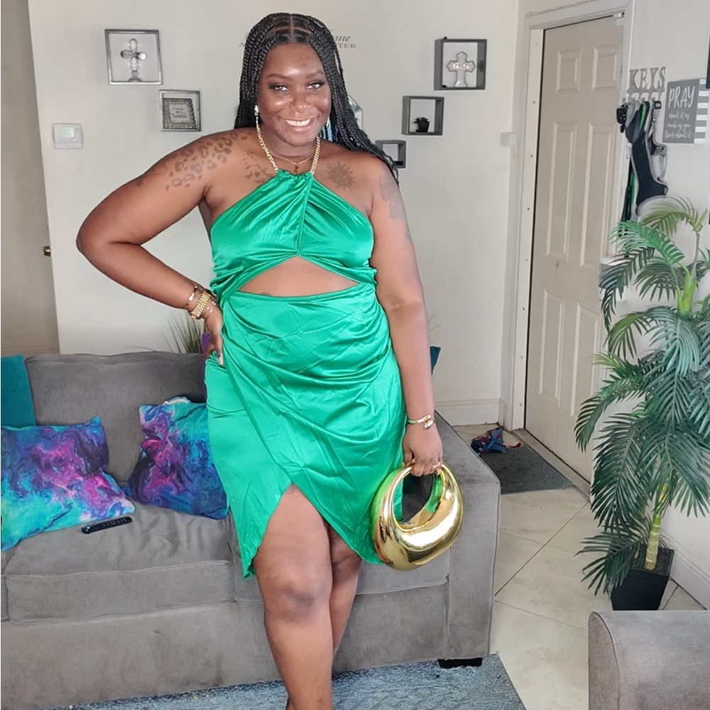 SHEIN Green Cutout Halter Satin Dress